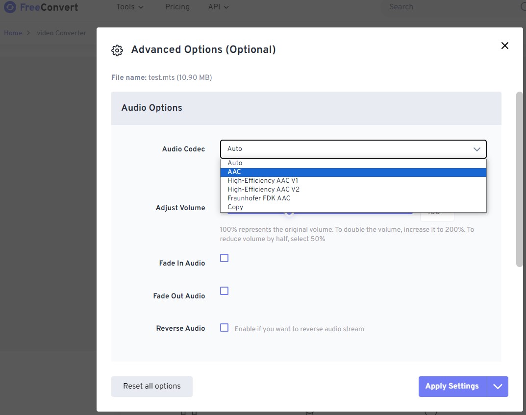 Choose AAC Encoder in Freeconvert