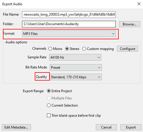 Audacity Adjust Export