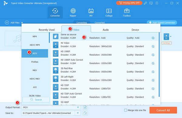 Select MOV Output Format