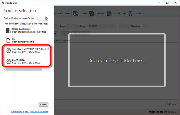 Choose Blu-Ray Source Handbrake