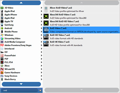 Select XviD output format