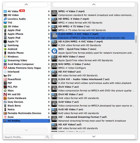 Choose h264 output file