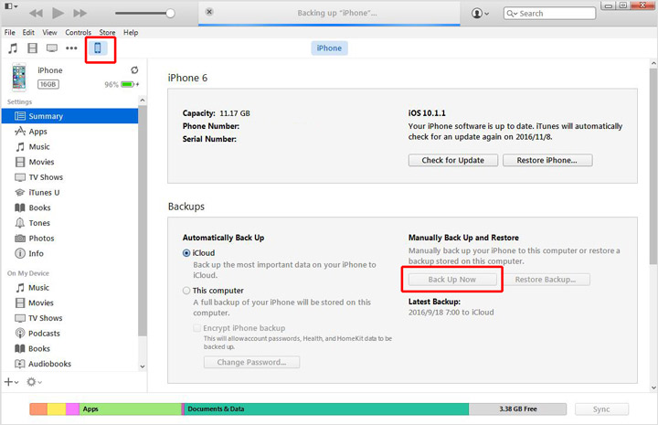 Use iTunes to back up iPhone