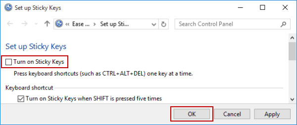 Disable sticky keys on Windows 7