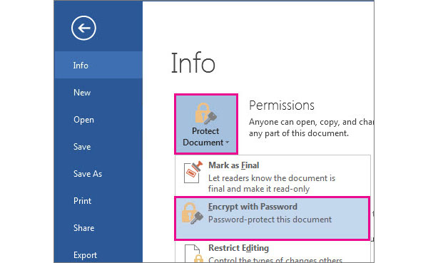 Password protect word 2016 on Windows