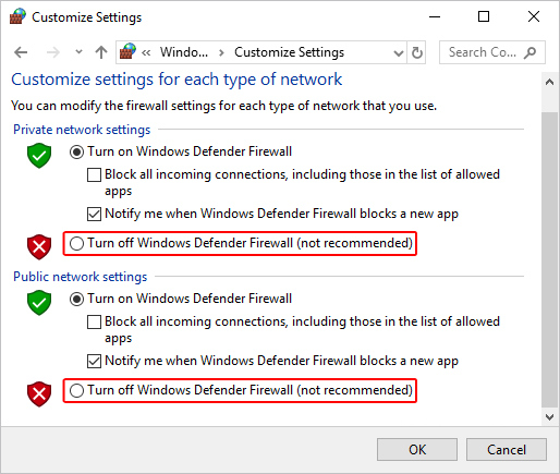 Turn off Windows Firewall