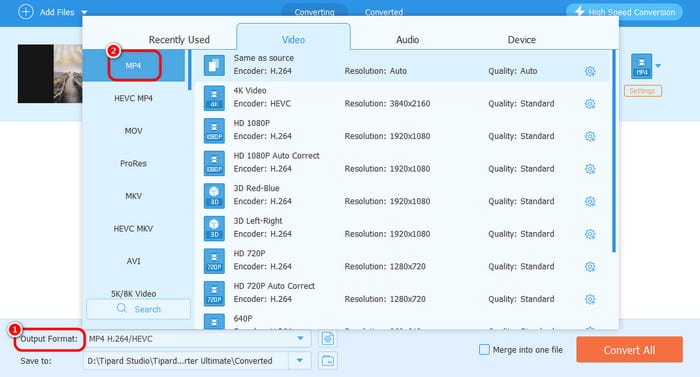 Output Format Choose MP4 Tipard