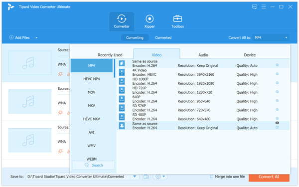 Select MP4 for Audio